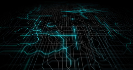 Circuit board, Motherboard, Digital chip. Tech science background. Integrated communication processor. Information engineering component with bokeh. 3D Render computer hardware technology