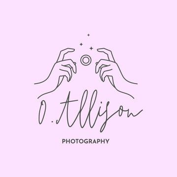 Linear logo of the photographer. Women's Hands hold the camera shutter. Vector logol for a photo Studio