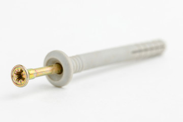 Brass metal screw with plastic dowel.