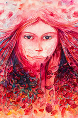 Watercolor painting of a female face in the shape of a petal with flower petals floating in red tones
