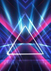 Fototapeta na wymiar Dark abstract futuristic background. The geometric shape of a triangle in the middle of the scene. Neon blue-pink rays of light on a dark background