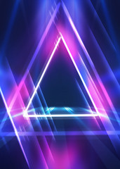Fototapeta na wymiar Dark abstract futuristic background. The geometric shape of a triangle in the middle of the scene. Neon blue-pink rays of light on a dark background
