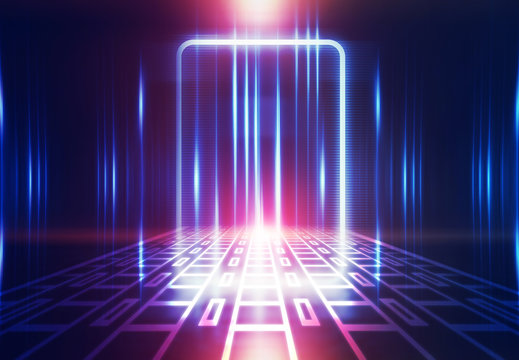 Dark abstract futuristic background. The geometric shape of the rectangle in the middle of the scene. Neon blue-pink rays of light on a dark background