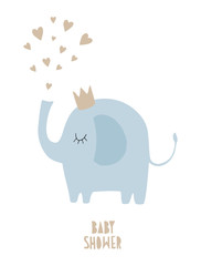 Cute Baby Shower Vector Illustration with Funny Hand Drawn Blue Elephant Isolated on a White Background. Golden Heart Fountain. Sweet Nursery Art with Little Baby Elephant Wearing Golden Crown. 