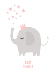 Cute Baby Shower Vector Illustration with Funny Hand Drawn Gray Elephant Isolated on a White Background. Pink Heart Fountain. Sweet Nursery Art with Little Baby Elephant Wearing Pink Crown. 