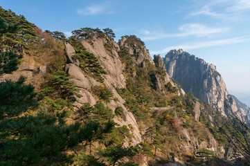 Fototapeta na wymiar Oddly-shaped rocks on a foggy day, Huangshan Mountain in China.
