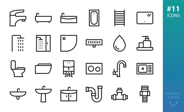 Sanitary Ware and Plumbing icons set. Set of bathroom icons, bath tub, heated rail, shower stand, shower stall, shower tray and drain, wash basin, faucet, toilet, kitchen sink,  cabinet vector icon