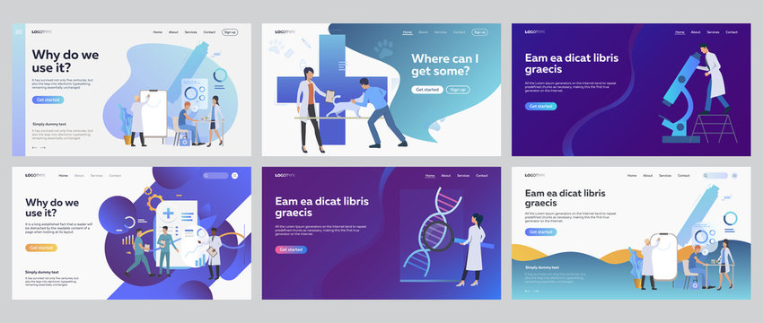 Medical research set. Doctors working in lab with microscope, charts, graphs. Flat vector illustrations. Medicine, test, science concept for banner, website design or landing web page