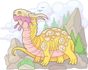 cartoon scary carnivorous dragon went hunting, funny illustration