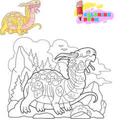 cartoon scary carnivorous dragon went hunting, funny illustration