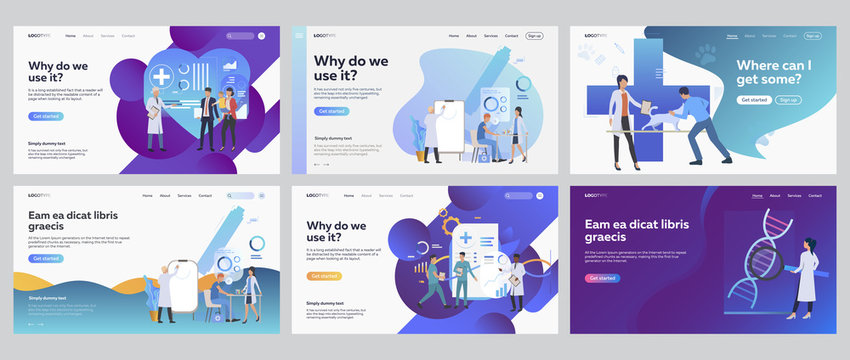 Medical office set. People visiting doctor, veterinary, lab research. Flat vector illustrations. Medicine, examination, healthcare concept for banner, website design or landing web page