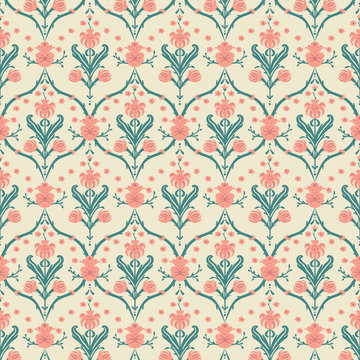 Colored modern Damask pattern with plants net, flowers, leaves, swirls and buds on bright color background. Hand drawn design of elements. Can be used for fabrics, wallpapers, wripping and decoration.