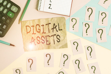 Word writing text Digital Assets. Business photo showcasing has value and can be owned but has no physical presence Mathematics stuff and writing equipment above pastel colours background