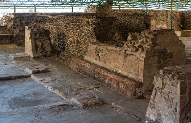 Fragment of Greater Temple (Templo Mayor) Detail of ancient aztec ruins. Travel photo. Structure of old walls. Mexico city.