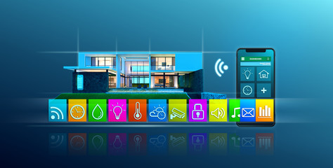 Smart home controlled smartphone.Automation concept.Modern infographic elements.3d rendering