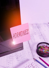 Word writing text Hormones. Business photo showcasing regulatory substance produced in organism...