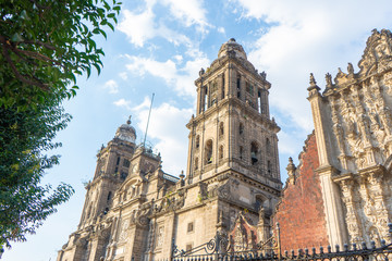 Fototapeta na wymiar Metropolitan cathedral in Mexico city. Details of colonial architecture. Toned travel photo. Wallpaper or background. Latin america.