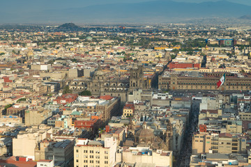 Naklejka premium Panorama of Mexico city central part from skyscraper Latino americano. View with buildings. Travel photo, background, wallpaper.