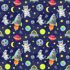 Space children's seamless pattern. Rocket, flying saucer, planets, stars, astronaut Panda and hare, travel through the universe. Cartoon watercolor illustrations. Cute print about intergalactic flight