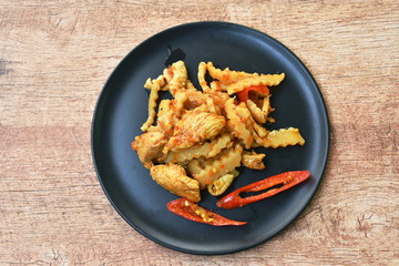 spicy stir fried bamboo shoot and chicken with curry on plate