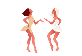 Two happy sexy girls or friends dancing and laughing. International Friendship Day or 8 March. Vector illustration, template with beautiful women for greeting card, poster or flyer.