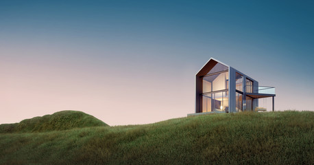 Modern farmhouse on meadow hill for real estate concept.3d rendering - obrazy, fototapety, plakaty