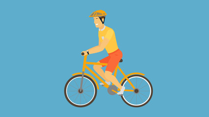 Man riding bicycle. Cute sportsman isolated on blue background. Male bicyclist taking part in sports race. Concept of cycling, healthy outdoor activity. Flat cartoon vector illustration