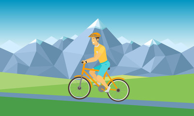 Cycling mountain road trip. Happy man with bag riding city bicycle vector illustration. Positive postman guy. Concept bike, healthy outdoor activity. Flat cartoon background. Bicyclist