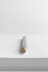 Blank sheets of paper and pencil on white background. Artist, journalist or writer workplace. White paper stack with copy space.