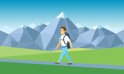 Obraz premium Happy man in jeans with backpack, traveller or explorer rises, goes to the mountain top in summer. Concept of discovery, exploration, hiking, adventure tourism and travel. Flat vector illustration