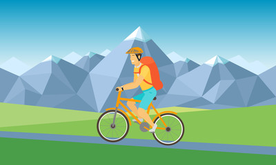 Cycling mountain road trip. Happy man with bag riding city bicycle vector illustration. Positive postman guy. Concept bike, healthy outdoor activity. Flat cartoon background. Bicyclist wish backpack