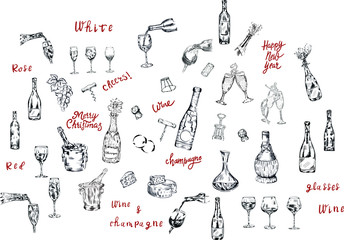 Wine, champagne bottle, glasses, lettering big drink set . Isolated vector design elements on white background. Concept for menu, logo, print, cards 