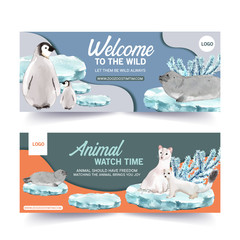 Winter animal banner design with penguin, sea lion watercolor illustration.