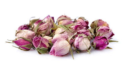 Rose bud tea isolated. Dried Rose Flower Herbal Tea.
