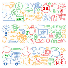Business and management background. Pattern with finance icons. Conceptual illustration of projects organization, risk, development. Team working, budget planning.