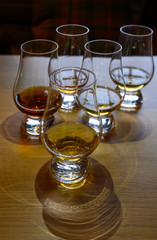 Flight of Scottish whisky, tasting glasses with variety of single malts or blended whiskey spirits on distillery tour in Scotland