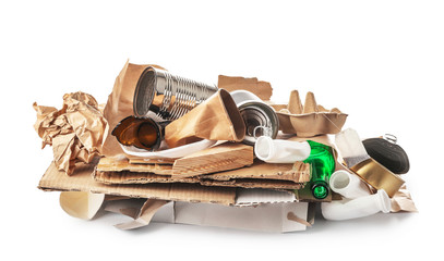 Different garbage on white background. Recycling concept