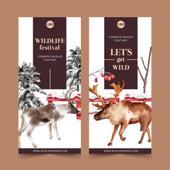 Winter animal flyer design with deer, tree watercolor illustration.