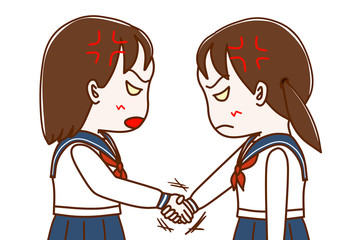 握手をしながら睨みあう女子学生２人