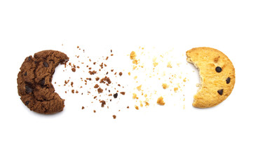 Chocolate chip cookies isolated on white background in Top view.