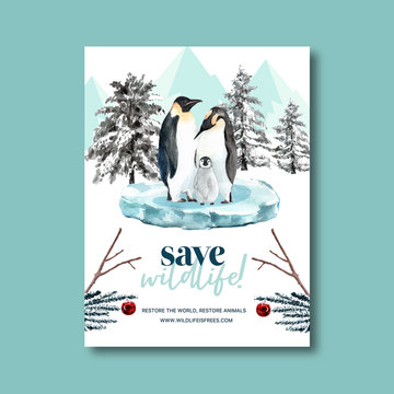 Winter animal poster design with branch, penguin, tree watercolor illustration.