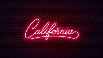 California neon lettering signboard. Glowing red text for for the name of bar, club, etc. Ready inscription for neon sign form. California, neon logo design. © Onabi