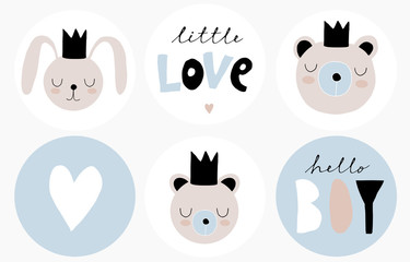 Baby Shower Round Shape Vector Tags. Baby Boy Party Cake Toppers. Sweet Bunny and Funny Bear Isolated on a White. Handwritten Hello Boy and Little Love Stickers. Teddy Bear and Rabbit Wearing a Crown.