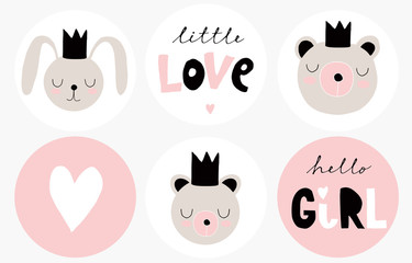 Baby Shower Round Shape Vector Tags.Baby Girl Party Cake Toppers. Sweet Bunny and Funny Bear Isolated on a White. Handwritten Hello Girl and Little Love Stickers.Teddy Bear and Rabbit Wearing a Crown.