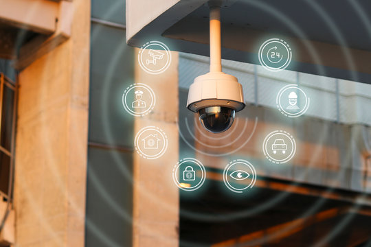 CCTV with security icon floating around. CCTV for the safety of life and property.