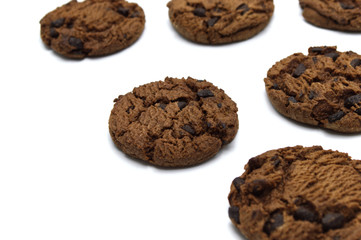 Chocolate chip cookies crunchy delicious sweet meal and useful biscuits isolated on white background. Homemade pastry.