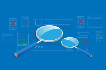 Concept about fake news in social media, big magnifier in the center is screening the content in the electronic devices which contain green check mark and red wrong mark symbol in blue background.