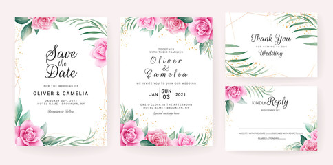 Wedding invitation card template set with watercolor floral arrangements and border. Flowers decoration for save the date, greeting, rsvp, thank you, poster, cover, etc. Botanic illustration vector