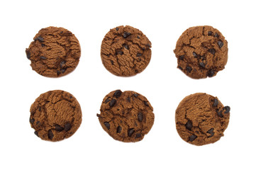 Collection of chocolate chip cookies crunchy delicious sweet meal and useful biscuits isolated on white background. Homemade pastry.