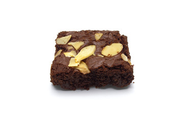 Single of Chocolate brownie with sliced almond nuts toppings isolated on white background.